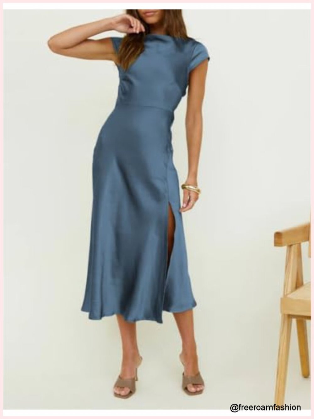 Polyester Backless Twist Cap Sleeve Midi Dress Cowl Neck Side Slit Wedding Guest - Picture 2 of 6